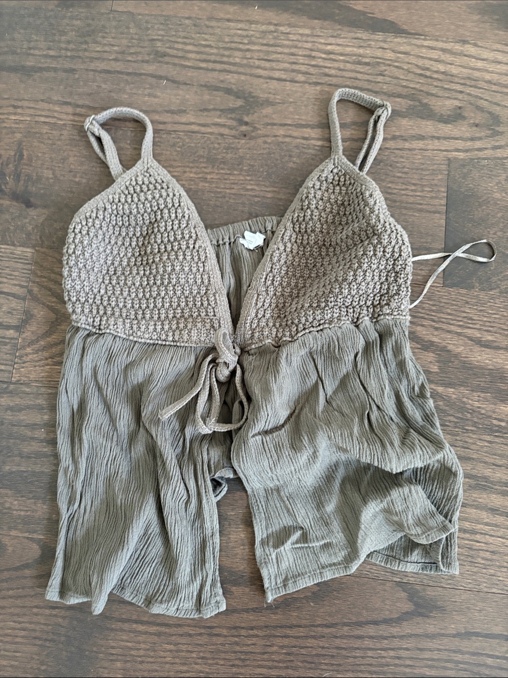 Garage Taupe Crinkle Knit Camisole with Tie Front